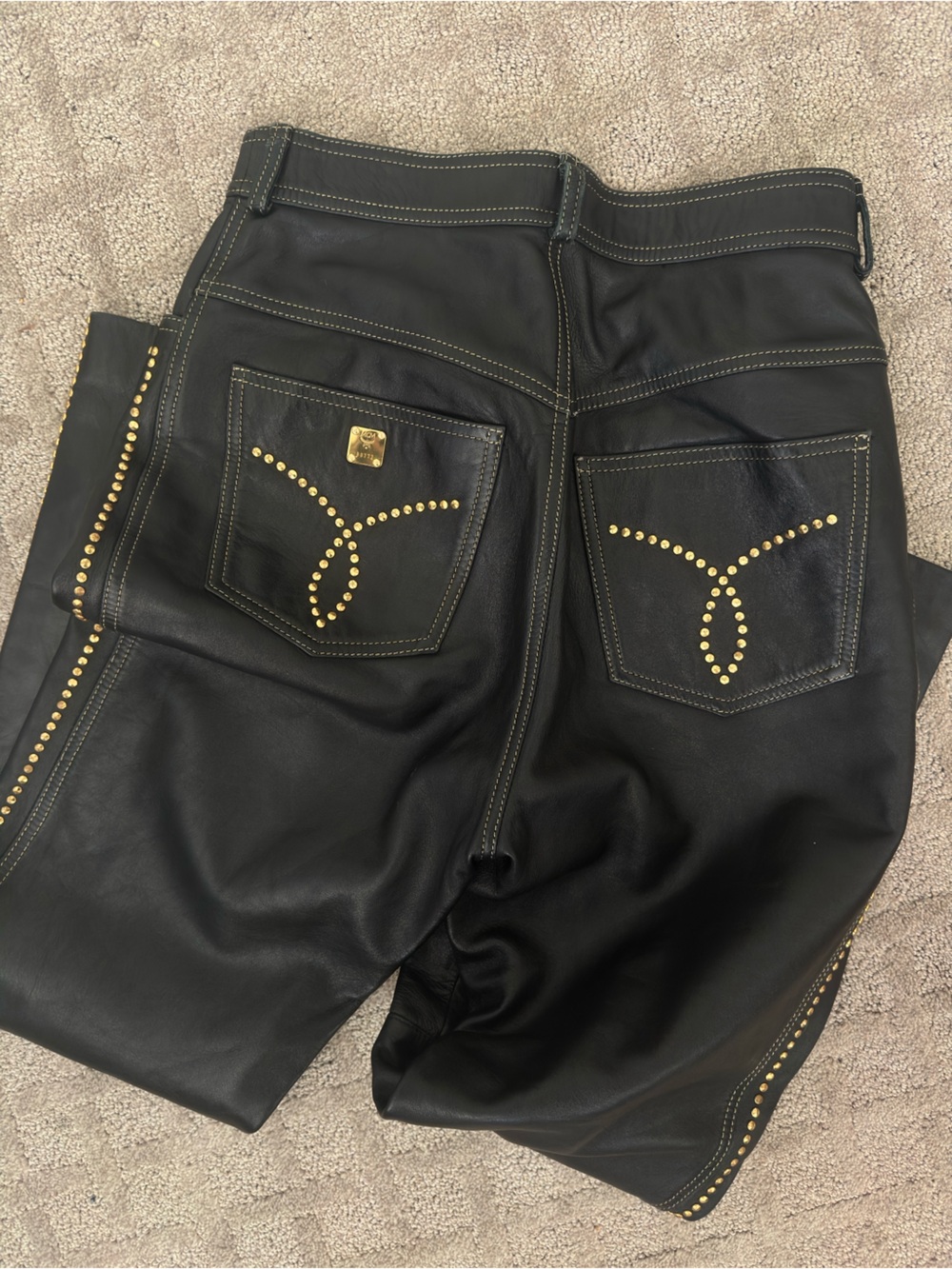 MCM Black Leather pants with Gold Stud Trim